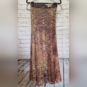 Maxi Fluted Flare Stretch Skirt w/ [Muted] Lace Floral Overlay. Has Lining